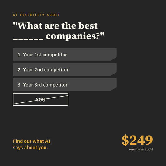 AI answer to "What are the best companies?" listing three competitors with YOU crossed out: the AI Visibility Audit, $249 one-time