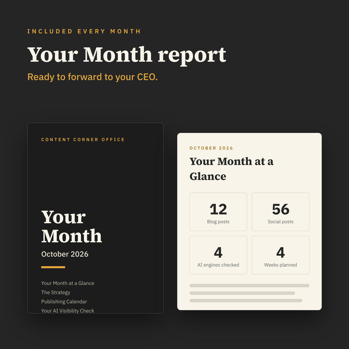 Your Month report cover and at-a-glance page, ready to forward to your CEO