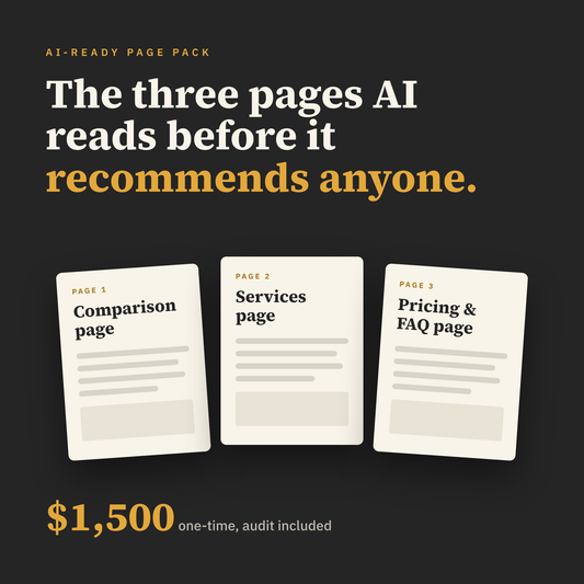 AI-Ready Page Pack: a comparison page, services page and pricing and FAQ page for $1,500 one-time, audit included